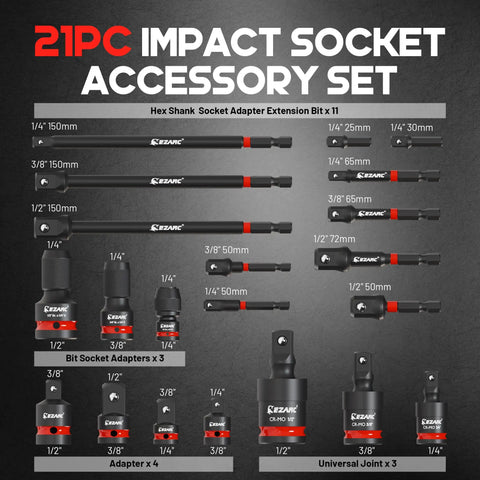 Heavy Duty Impact Socket Adapter Set With Universal Swivel Joints, CR-MO And CR-V Hardware, 21 pieces shown with dimensions.