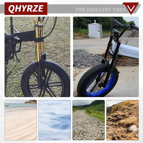 20 Inch Fat Tire EBike Air Suspension Fork With 140Mm Travel Rebound Adjustable Straight Steerer 9X135Mm QR 74Mm Disc Double Crown Front Fork For 20X4.0 Fat Bikes And EBikes Gold on bike