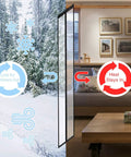 Transparent Magnetic Insulated Curtain for Screen Door showing heat retention and cold air blocking in a living room setting.