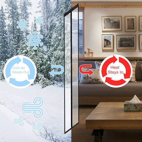 Transparent Magnetic Insulated Curtain for Screen Door showing heat retention and cold air blocking in a living room setting.