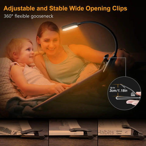 Rechargeable Clip On Reading Light With 16 LED, 3 Color Temperatures And Stepless Dimming For Eye Care, used while reading in bed