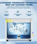 6L Heated Ultrasonic Cleaner Professional Grade 40Khz Digital Timer Heavy Duty Industrial Cleaning Machine submerged glasses and jewelry in water.