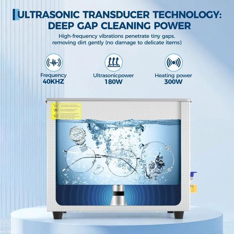 6L Heated Ultrasonic Cleaner Professional Grade 40Khz Digital Timer Heavy Duty Industrial Cleaning Machine submerged glasses and jewelry in water.