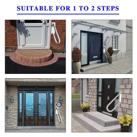 Outdoor Stair Handrails Rock Solid Wall Mount With White Powder Coat Finish shown installed on various steps