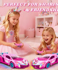 Girls playing with Girls Rainbow Glow Remote Control Car With Drift Wing And Unicorn Style Lights 2.4GHz Easy To Drive 1 To 18 Scale