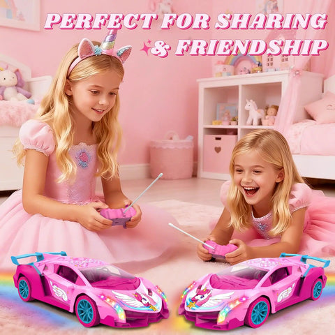 Girls playing with Girls Rainbow Glow Remote Control Car With Drift Wing And Unicorn Style Lights 2.4GHz Easy To Drive 1 To 18 Scale