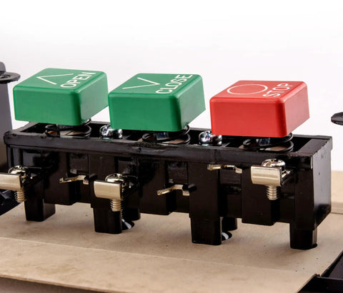 Heavy Duty Garage Door Opener Wall Mount Push Button Switch for Open Close Stop Control showing green and red buttons.