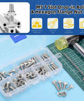 Kickass M5 T Slot Drop In Bolts With Hexagon Flange Nuts 80 Pc Kit in a clear box with assorted sizes and tools.