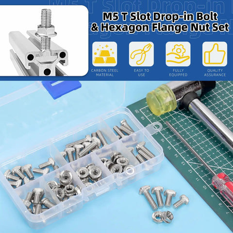 Kickass M5 T Slot Drop In Bolts With Hexagon Flange Nuts 80 Pc Kit in a clear box with assorted sizes and tools.