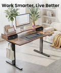 Realbear 48 By 24 Inch Electric Standing Desk With Two Convenient Drawers And A Dual Monitor Shelf featuring an organized workspace and stylish design.
