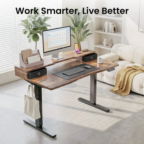 Realbear 48 By 24 Inch Electric Standing Desk With Two Convenient Drawers And A Dual Monitor Shelf featuring an organized workspace and stylish design.