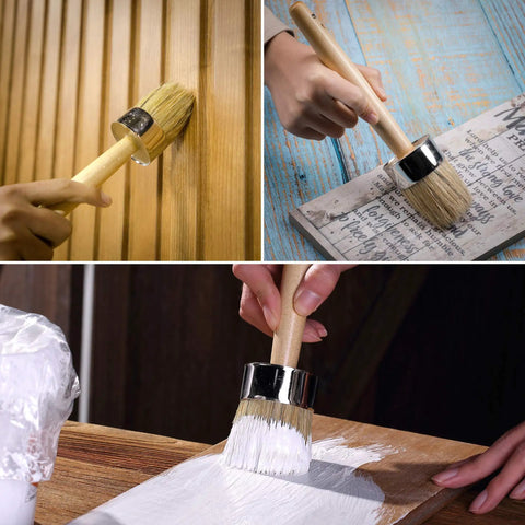 Chalk And Wax Paint Brush, 2 Inch Round Head For Furniture Projects, Natural Bristles applying wax on wood surfaces.