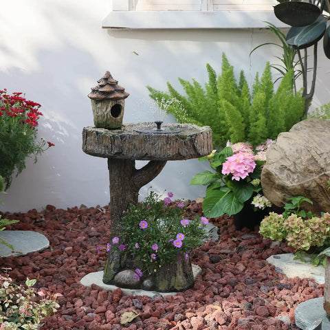 Solar Powered Bird Fountain With Birdhouse And LED Lights For Easy Setup Outdoor Gardens 29.5 Inch Resin Waterfall Feature