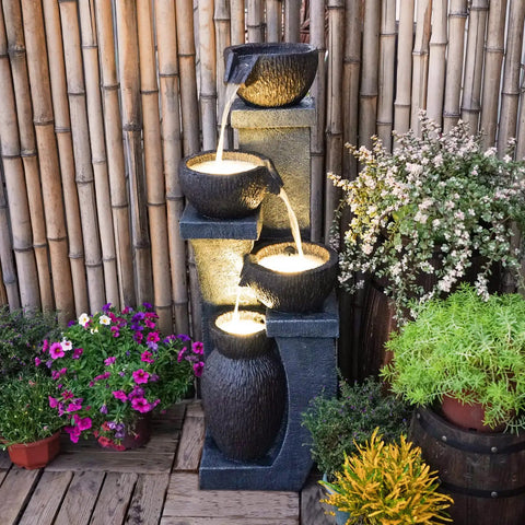 Four Bowl Outdoor Water Fountain With LED Lights Modern Polyresin Floor Fountain for garden, lightweight and weatherproof.