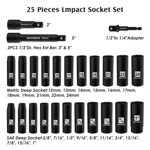 1/2 Inch Drive Deep Impact Socket Set Built Tough With CR-V Steel For Heavy Duty Use, Metric And SAE Sockets 12-24mm, Adapters