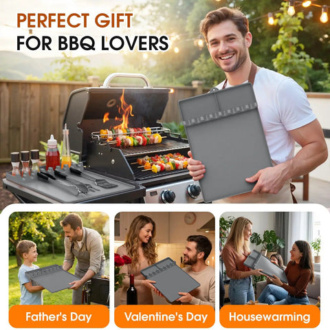 Silicone Grill Mats For Griddle Spatula Tool Mat With Drip Pad Side Shelf Pad displayed by a man beside an outdoor grill