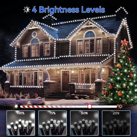 House decorated with 1000 LED Outdoor Christmas String Lights 403 Ft With 8 Modes IP44 Waterproof Fairy Lights Timer on clear wire