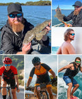 Polarized Sports Sunglasses For Men And Women Featuring Uv400 Lens Shield Cutting Glare Dead Straight Driving Fishing Equipment Heavy Duty Frames Road Ready Everyday Carry worn by diverse individuals engaging in cycling, fishing, and surfing.