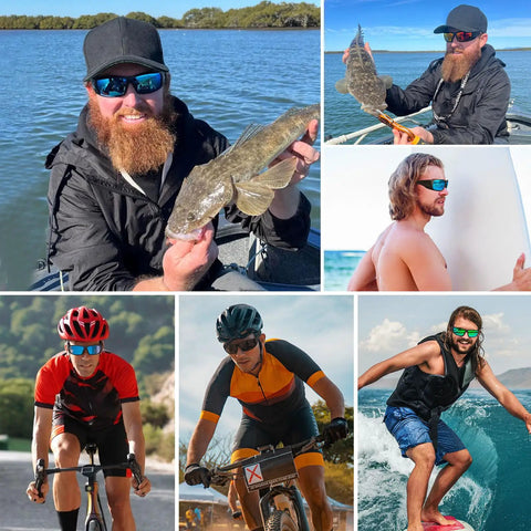 Polarized Sports Sunglasses For Men And Women Featuring Uv400 Lens Shield Cutting Glare Dead Straight Driving Fishing Equipment Heavy Duty Frames Road Ready Everyday Carry worn by diverse individuals engaging in cycling, fishing, and surfing.