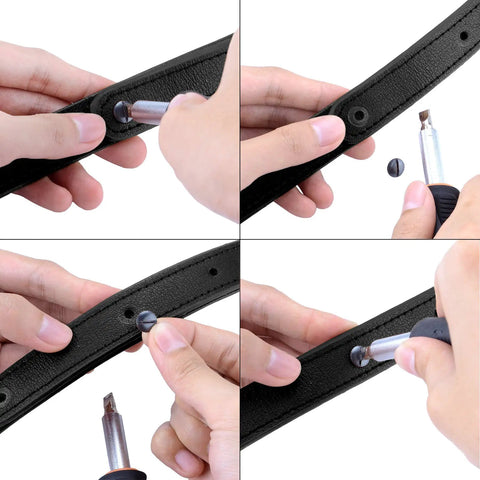 User adjusting the Rugged Buffalo Hide Rifle Sling With Mil Spec Swivels And Black Leather Hunting Strap with tools