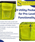 Class II High Visibility Safety Vest Fluorescent Lime with nine utility pockets for storage and functionality.