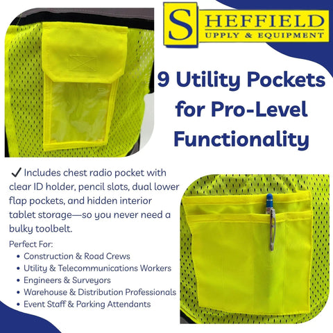 Class II High Visibility Safety Vest Fluorescent Lime with nine utility pockets for storage and functionality.