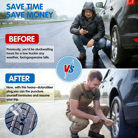 60 Piece Tubeless Tire Repair Kit With Screw In Rubber Nails In Two Sizes For Quick Roadside Emergency Flat Tire Patch On Cars Motorcycles Trucks SUVs And Bikes with before and after repair scenes.