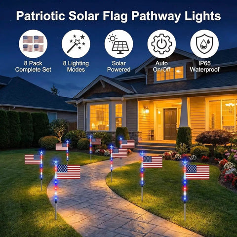 Patriotic Solar Flag Light Set With 56 LEDs, 8 Modes, Red White And Blue Stake Pathway Lights For Yard, Garden, Outdoor Decor