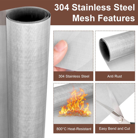 Heavy Duty 304 Stainless Steel Mesh Screen 200 Mesh for DIY Projects and Garden Use, showing rustproof and heat-resistant features.