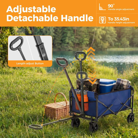 Heavy Duty Collapsible Wagon Cart 67L With 220 Lbs Capacity Adjustable Handle with picnic items and detachable option in blue