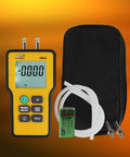 Electronic Manometer EM152 With 0.3 Percent Full Scale Accuracy Delivers Delta P Readings Up To 60 Inches Water Column, yellow handheld HVAC gauge with case and hoses