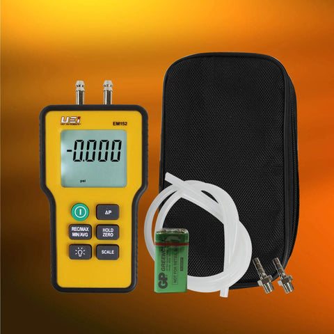 Electronic Manometer EM152 With 0.3 Percent Full Scale Accuracy Delivers Delta P Readings Up To 60 Inches Water Column, yellow handheld HVAC gauge with case and hoses