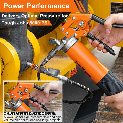 8000 PSI Pistol Grip Grease Gun Kit With Adjustable Pressure Beefed-Up Heavy Duty Pro Grade Tool in use on machinery