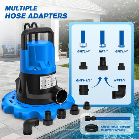 One HP Automatic Pool Cover Pump With 5000 GPH Submersible Water Removal, 26 Foot Power Cord and multiple hose adapters