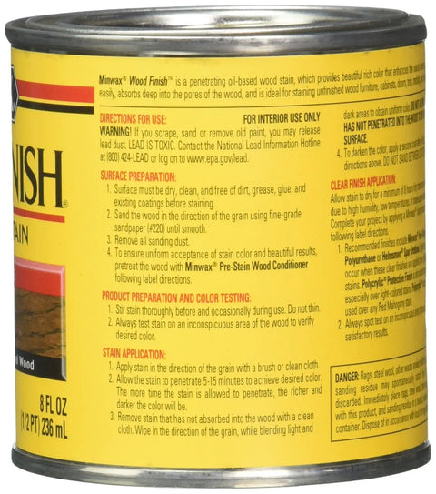 Rich Interior Wood Stain Dark Walnut Half Pint Can showing product details for wood finishing and application instructions.
