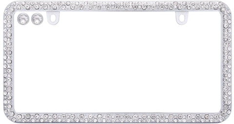 Front view of Elegance Chrome License Plate Frame With Diamond Bling And Fastener Caps, 144 Simulated Diamonds, 6mm, Rattle Free Clips