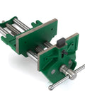 Seven Inch Quick Release Bench Vise With No Sweat Front Lever Action And Dang Tight Clamping Force Heavy Cast Iron Body Slick Guide Rods And Deep Jaws, green color, close-up view.
