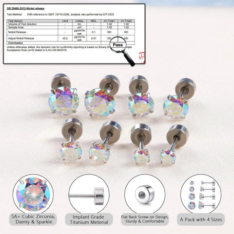 Legit Hella Comfortable Titanium Flat Back Screw On Stud Earrings For Men And Women with cubic zirconia in a pack of four sizes.