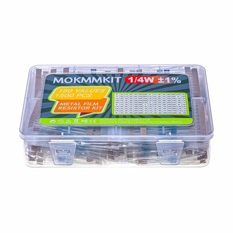 MOKMMKIT metal film resistor kit in a clear plastic case, 1500 pcs, 0 ohm–10 megohm, 1/4W, 1% RoHS