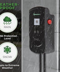 Beefy 277 To 480V Level 2 EV Charger, 80 Amp, J1772 Plug shown weatherproof with rain protection and multi-unit install capability.