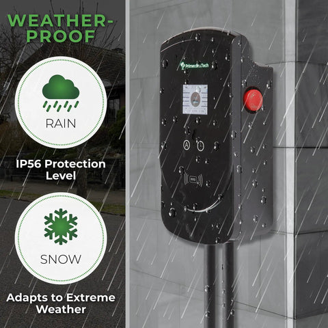 Beefy 277 To 480V Level 2 EV Charger, 80 Amp, J1772 Plug shown weatherproof with rain protection and multi-unit install capability.