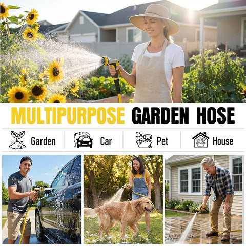 50 Ft Five Eighth Inch Heavy Duty Built To Last Garden Hose With Nozzle Flexible Lightweight Kink Resistant Hybrid Hose With Swivel Handle Durable Anti Burst Outer Layer High Pressure Ready Includes Male To Female Fittings, used for garden, car, pet, and house cleaning