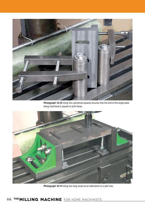 Book page from The Milling Machine for Home Machinists showing two metal milling fixtures with clamps and an angle plate.
