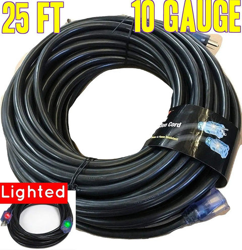 25 Foot 10 Gauge Extension Cord With Lighted Ends Contractor Grade Heavy Duty 15 Amp 125 Volt 1875 Watt Indoor Outdoor Use UL Listed Tangle Resistant Durable