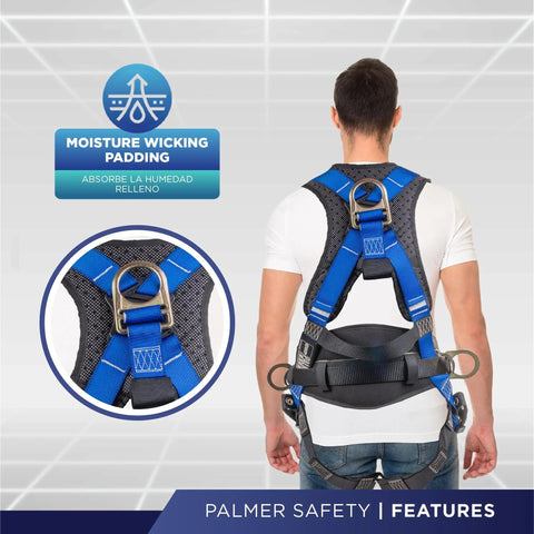 Full Body 5 Point Fall Protection Harness With Padded Back Support Pro Grade Quick Connect Buckles Grommet Leg Straps Back And Side D Rings Blue XLG OSHA ANSI Roofing PPE For Industrial Worksite