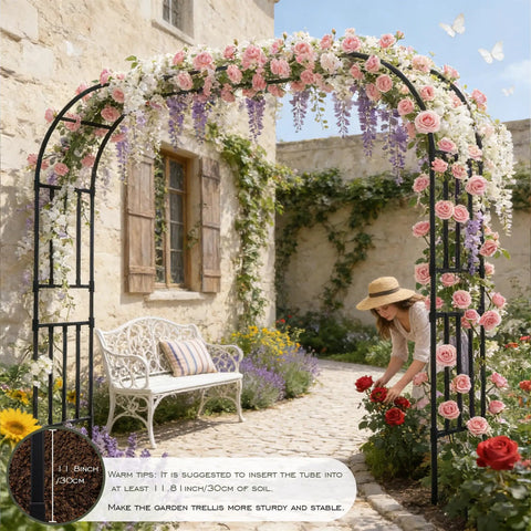 Square Tube Garden Arch Trellis For Climbing Plants Outdoor Metal Arbor Black 126 Inch Wide 98 Inch High with roses and vines