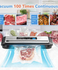 PowerVac Vacuum Sealer With Starter Kit Auto Air Sealing For Dry And Moist Modes, sealing steak and vegetables, silver design.