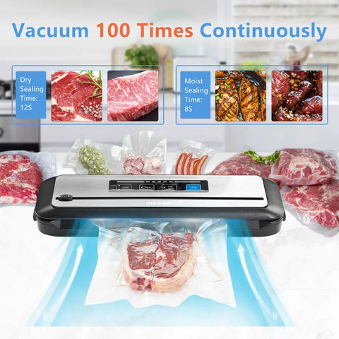 PowerVac Vacuum Sealer With Starter Kit Auto Air Sealing For Dry And Moist Modes, sealing steak and vegetables, silver design.