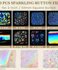 Grid showing 200 Pcs Button Maker Film Kit With Glittering Holographic Sheets For 50 Mm Badges Eight Styles Square Laminate Protective Film
