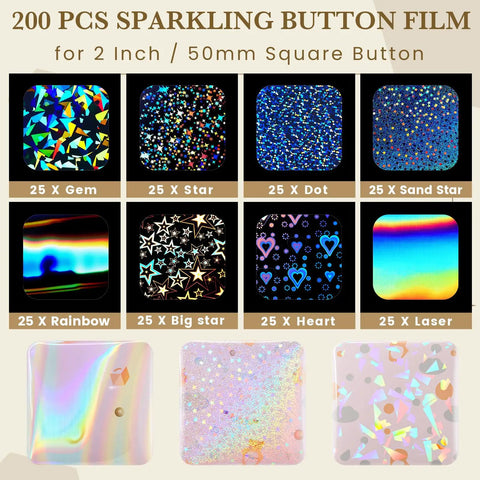 Grid showing 200 Pcs Button Maker Film Kit With Glittering Holographic Sheets For 50 Mm Badges Eight Styles Square Laminate Protective Film
